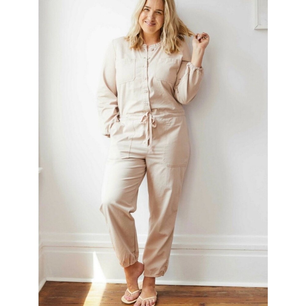 aerie streetwear Light Beige Button-Front Utility Jumpsuit drawstring waist
